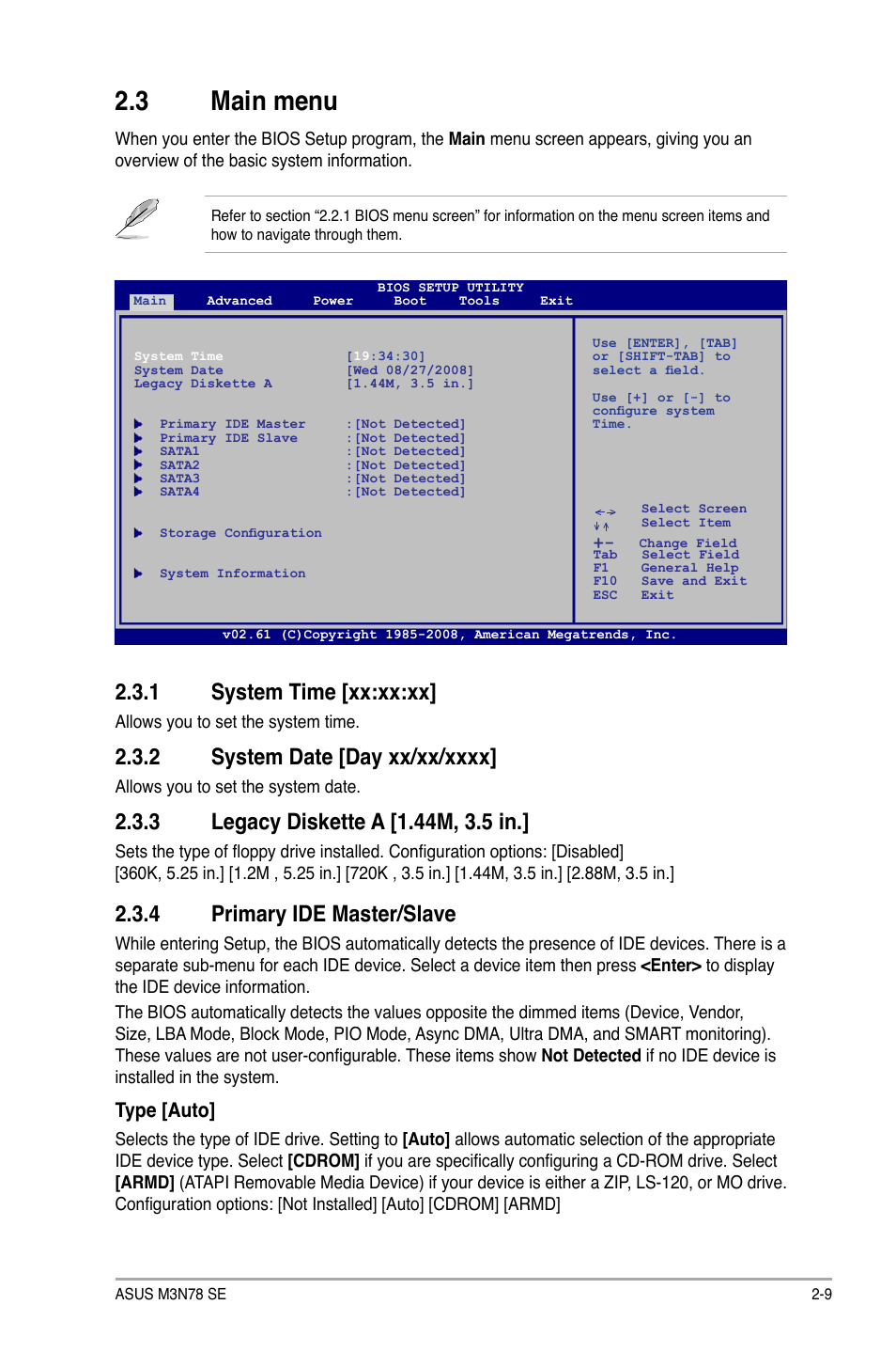 3 main menu, 1 system time [xx:xx:xx, 4 primary ide master/slave | Type [auto | Asus M3N78 SE User Manual | Page 45 / 60