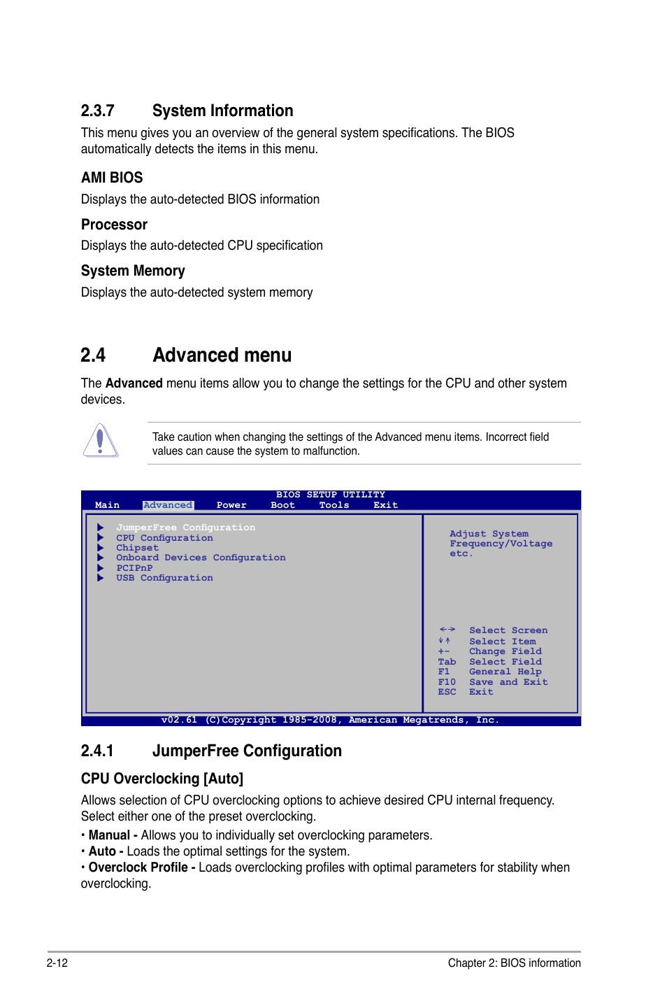 4 advanced menu, 7 system information, 1 jumperfree configuration | Ami bios, Processor, Cpu overclocking [auto | Asus M3N78 SE User Manual | Page 48 / 60