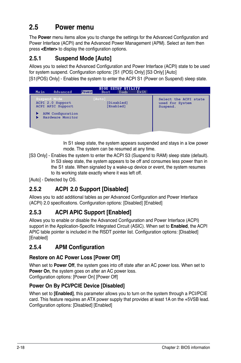 5 power menu, 1 suspend mode [auto, 2 acpi | 0 support [disabled, 3 acpi apic support [enabled, 4 apm configuration | Asus M3N78 SE User Manual | Page 54 / 60