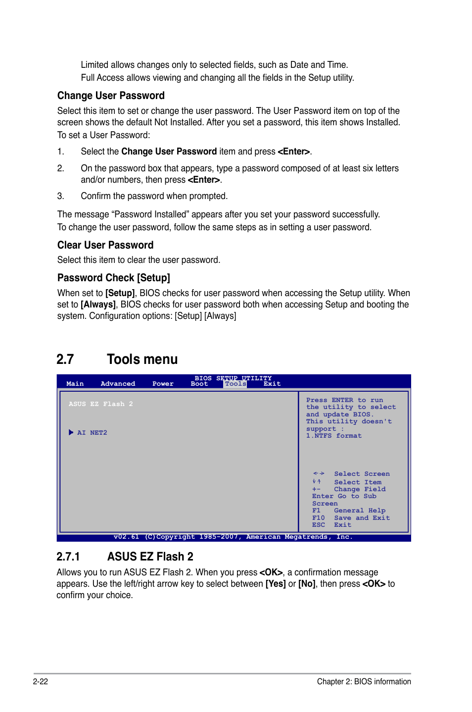 7 tools menu, 1 asus ez flash 2, Change user password | Clear user password, Password check [setup | Asus M3N78 SE User Manual | Page 58 / 60