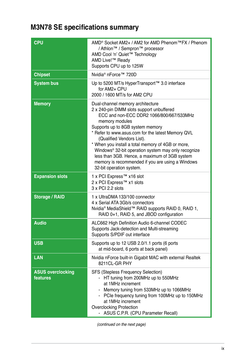 M3n78 se specifications summary | Asus M3N78 SE User Manual | Page 9 / 60