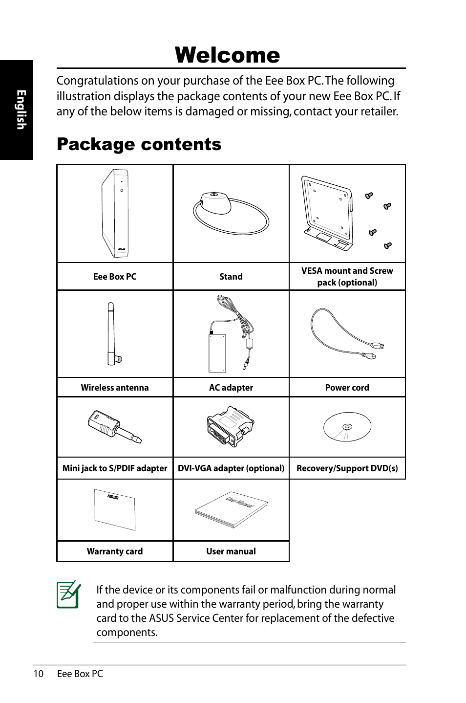 Welcome, Package contents, English | Asus B203 User Manual | Page 10 / 28