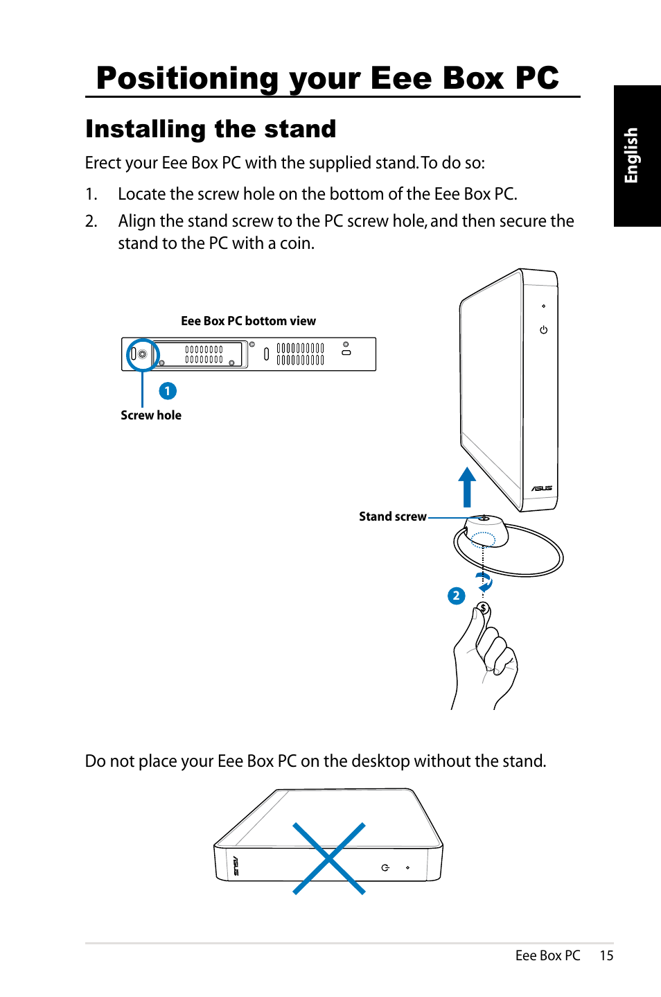 Positioning your eee box pc, Installing the stand | Asus B203 User Manual | Page 15 / 28