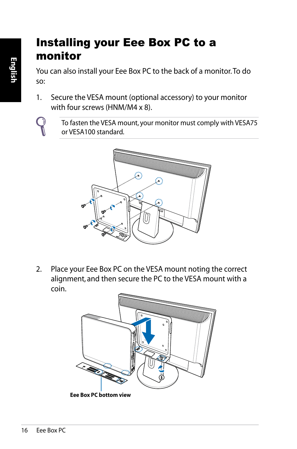 Installing your eee box pc to a monitor | Asus B203 User Manual | Page 16 / 28