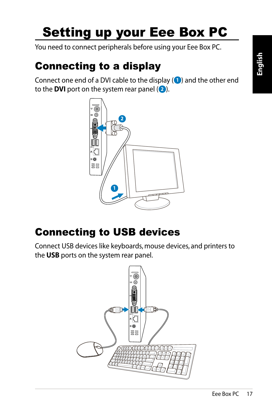Setting up your eee box pc, Connecting to a display, Connecting to usb devices | Connecting to a display connecting to usb devices | Asus B203 User Manual | Page 17 / 28