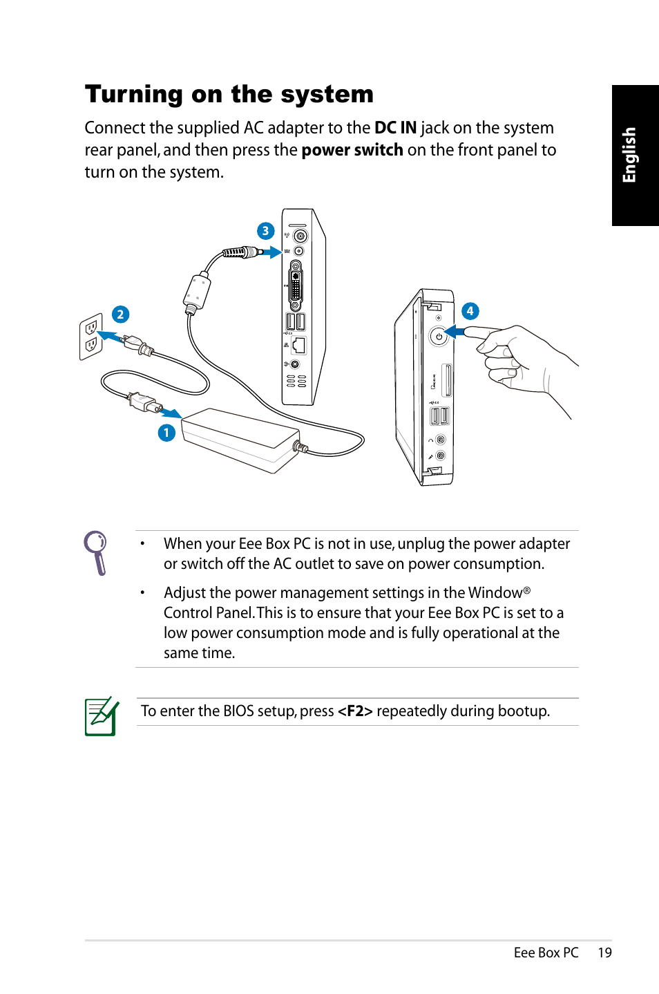 Turning on the system | Asus B203 User Manual | Page 19 / 28