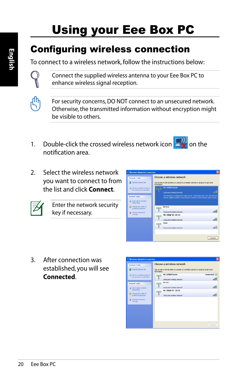 Using your eee box pc, Configuring wireless connection | Asus B203 User Manual | Page 20 / 28