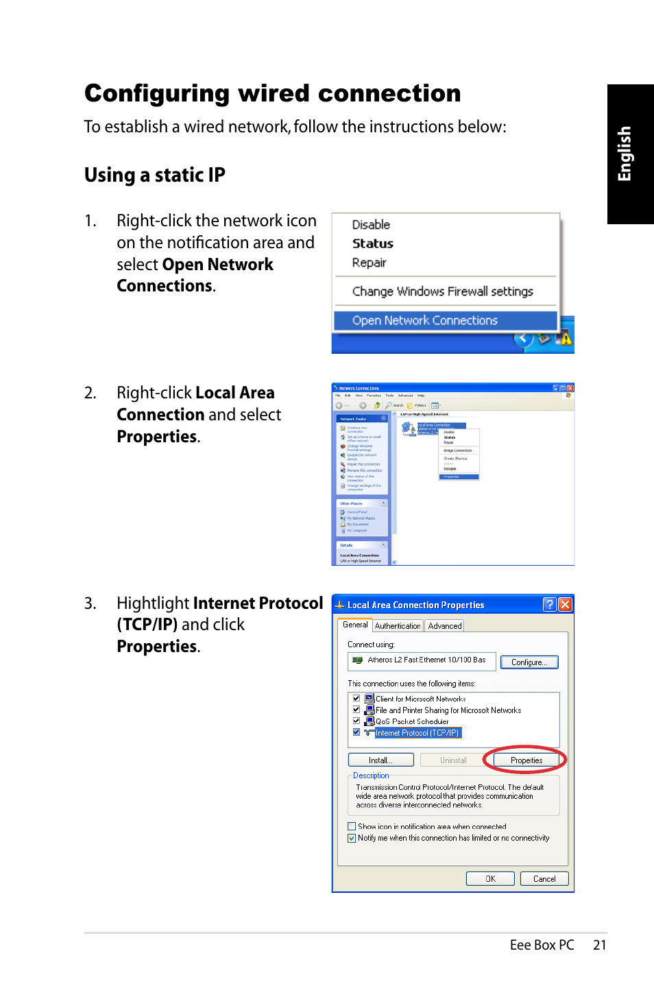 Configuring wired connection, Using a static ip | Asus B203 User Manual | Page 21 / 28