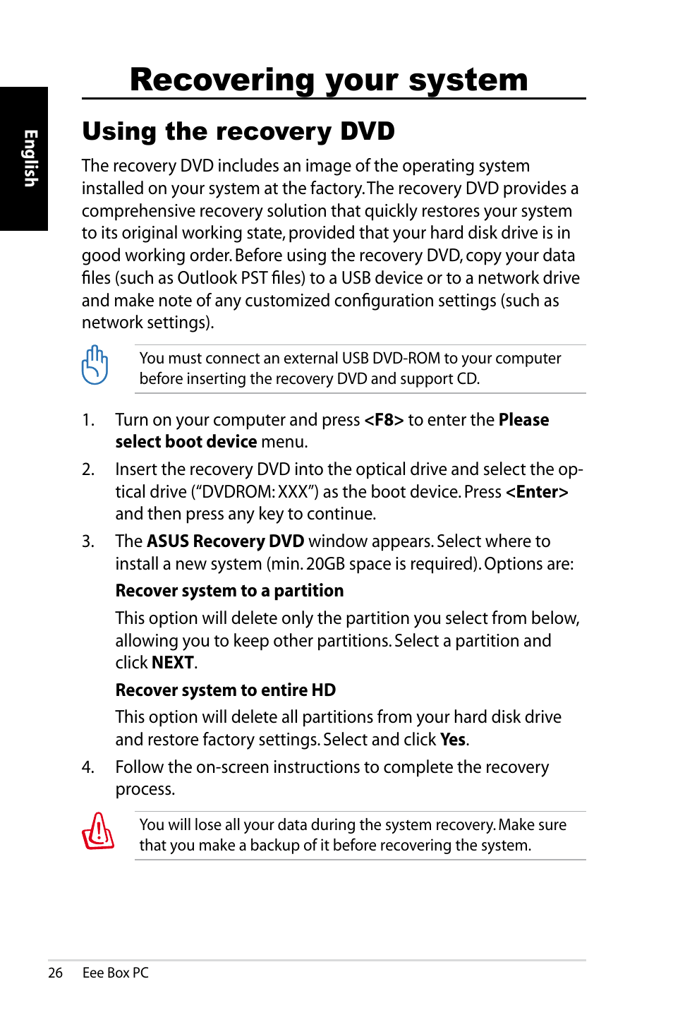 Recovering your system, Using the recovery dvd | Asus B203 User Manual | Page 26 / 28