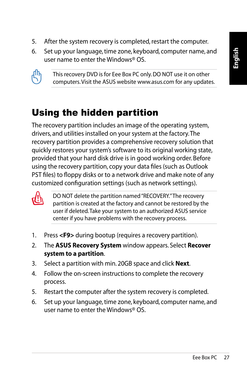 Using the hidden partition | Asus B203 User Manual | Page 27 / 28