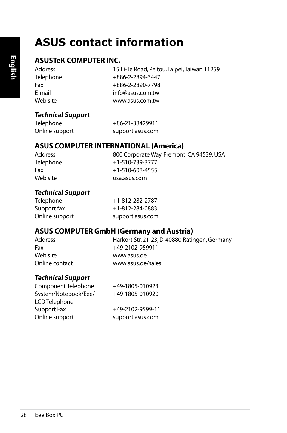 Asus contact information, English, Asustek computer inc | Asus computer international (america), Asus computer gmbh (germany and austria) | Asus B203 User Manual | Page 28 / 28