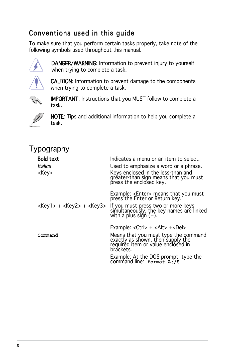 Typography, Conventions used in this guide | Asus KFN5-Q/SAS User Manual | Page 10 / 175