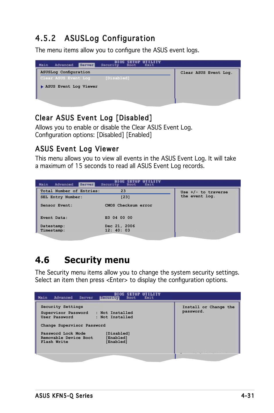 6 security menu, 2 asuslog configuration, Clear asus event log [disabled | Asus event log viewer | Asus KFN5-Q/SAS User Manual | Page 101 / 175