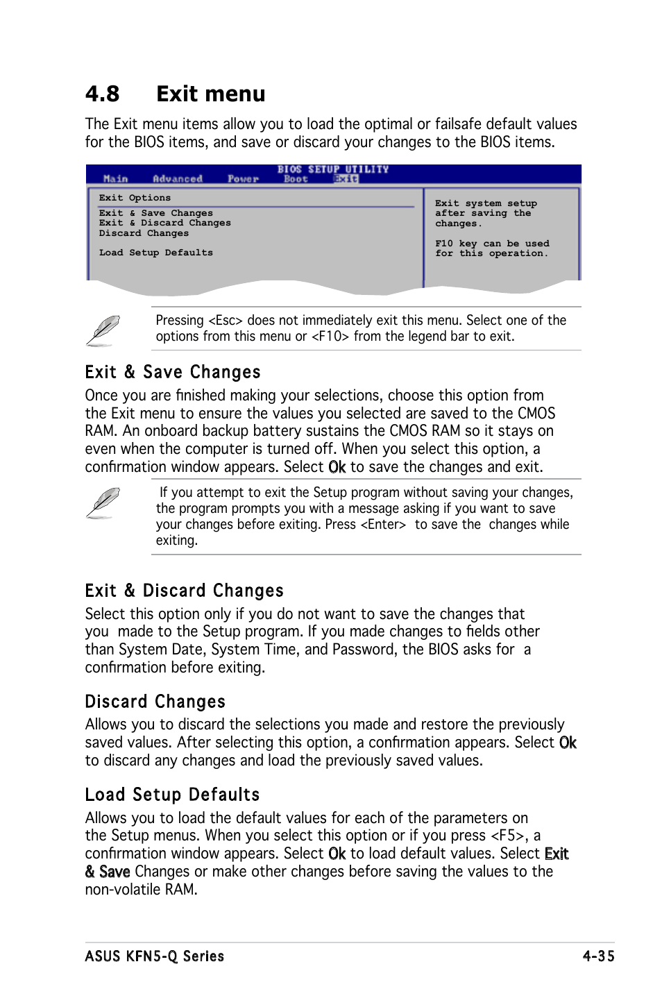 8 exit menu, Exit & save changes, Exit & discard changes | Discard changes, Load setup defaults | Asus KFN5-Q/SAS User Manual | Page 105 / 175