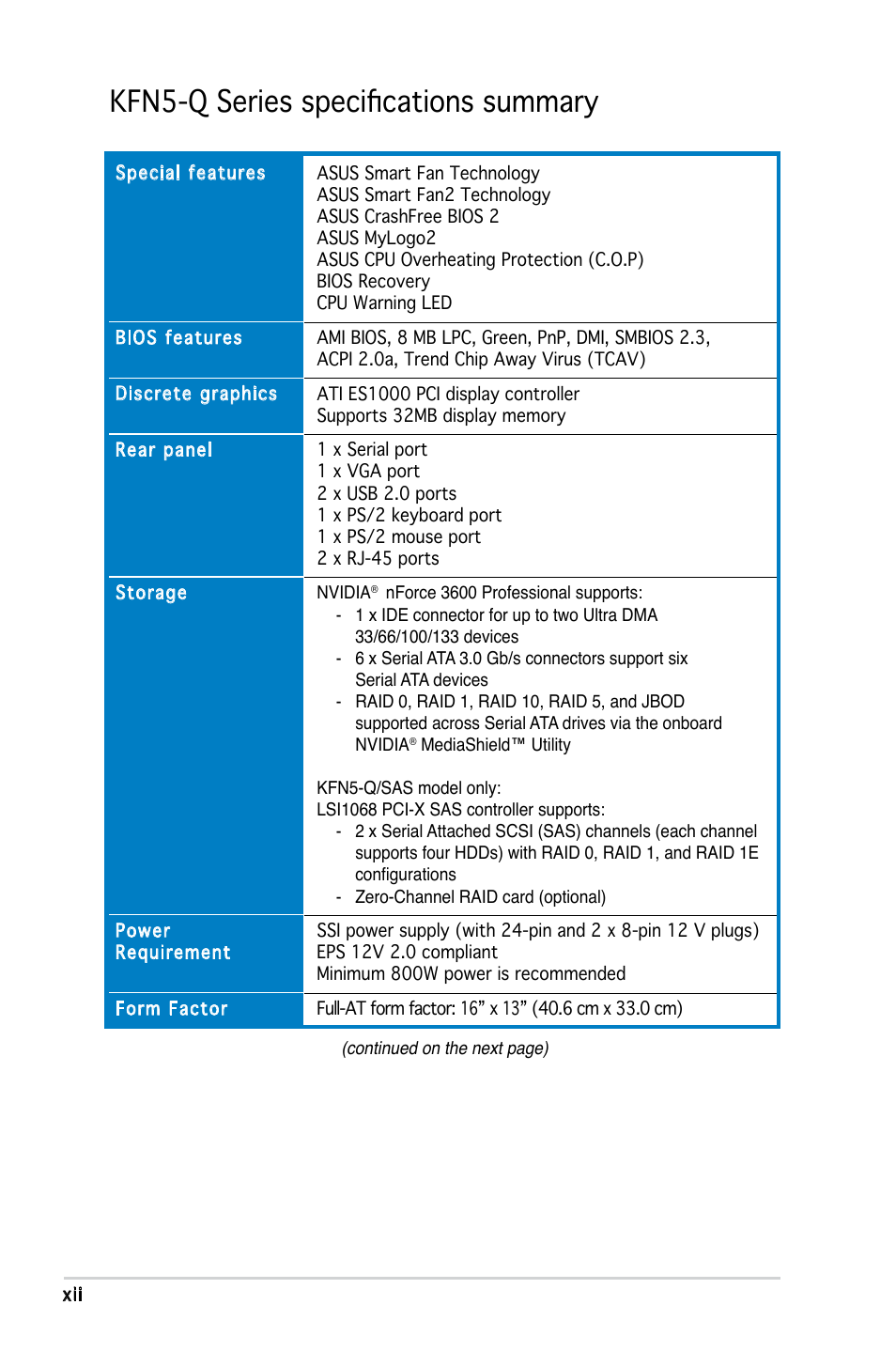 Kfn5-q series specifications summary | Asus KFN5-Q/SAS User Manual | Page 12 / 175