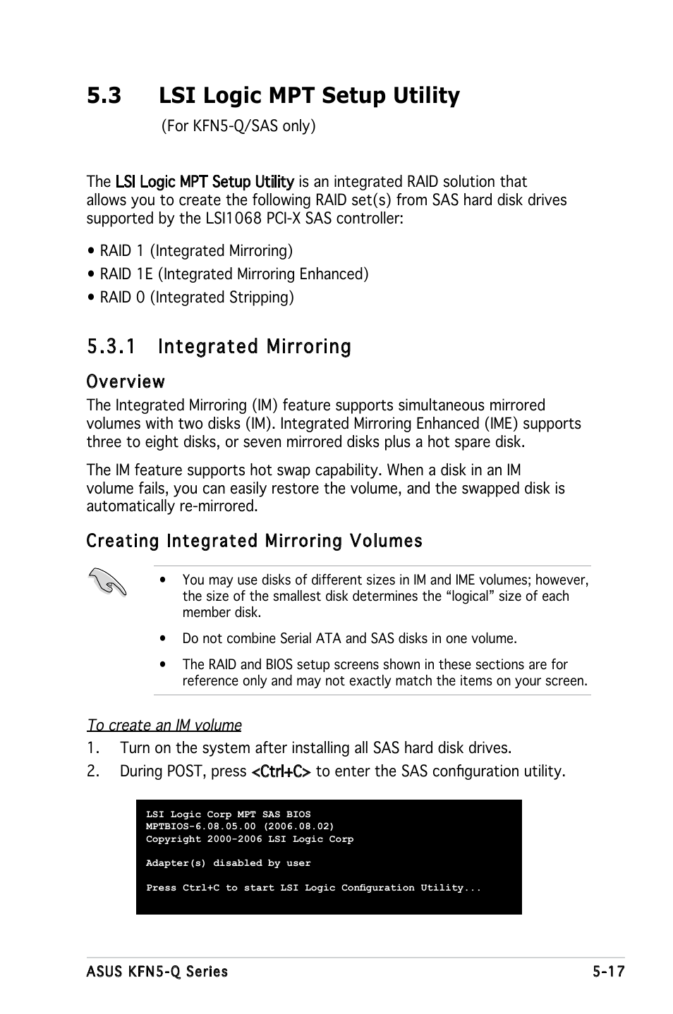 3 lsi logic mpt setup utility, 1 integrated mirroring, Overview | Creating integrated mirroring volumes | Asus KFN5-Q/SAS User Manual | Page 124 / 175