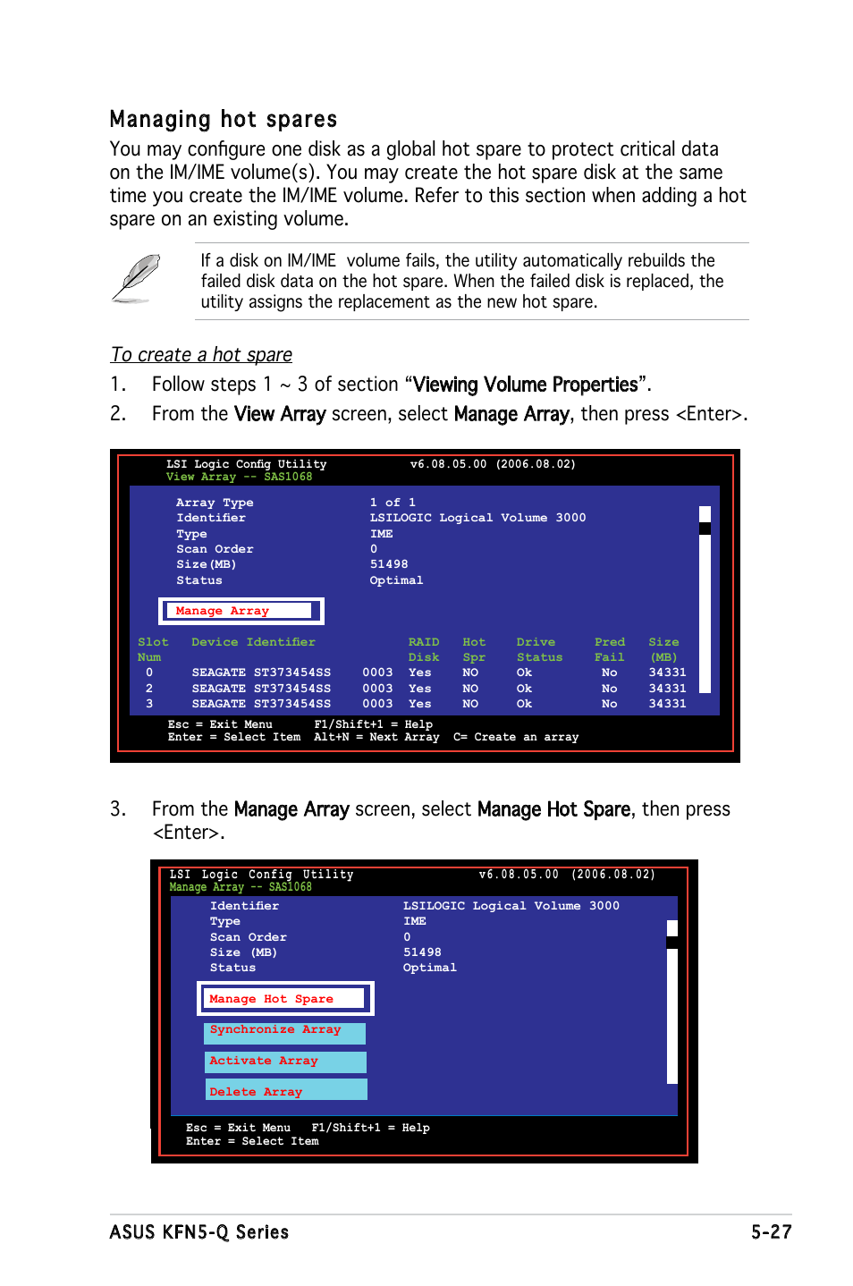 Managing hot spares, Asus kfn5-q series 5-27 | Asus KFN5-Q/SAS User Manual | Page 134 / 175