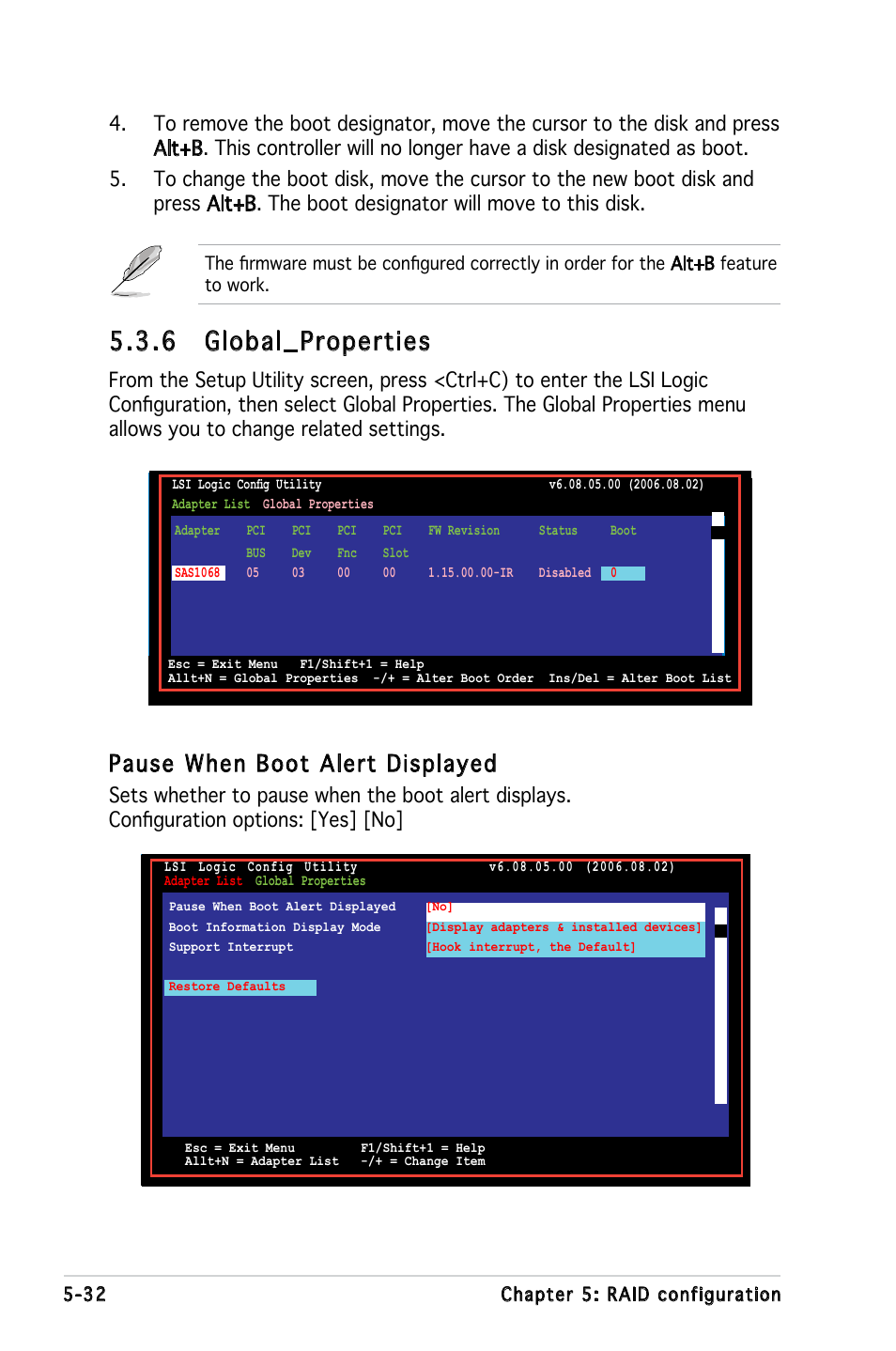 6 global_properties, Pause when boot alert displayed | Asus KFN5-Q/SAS User Manual | Page 139 / 175