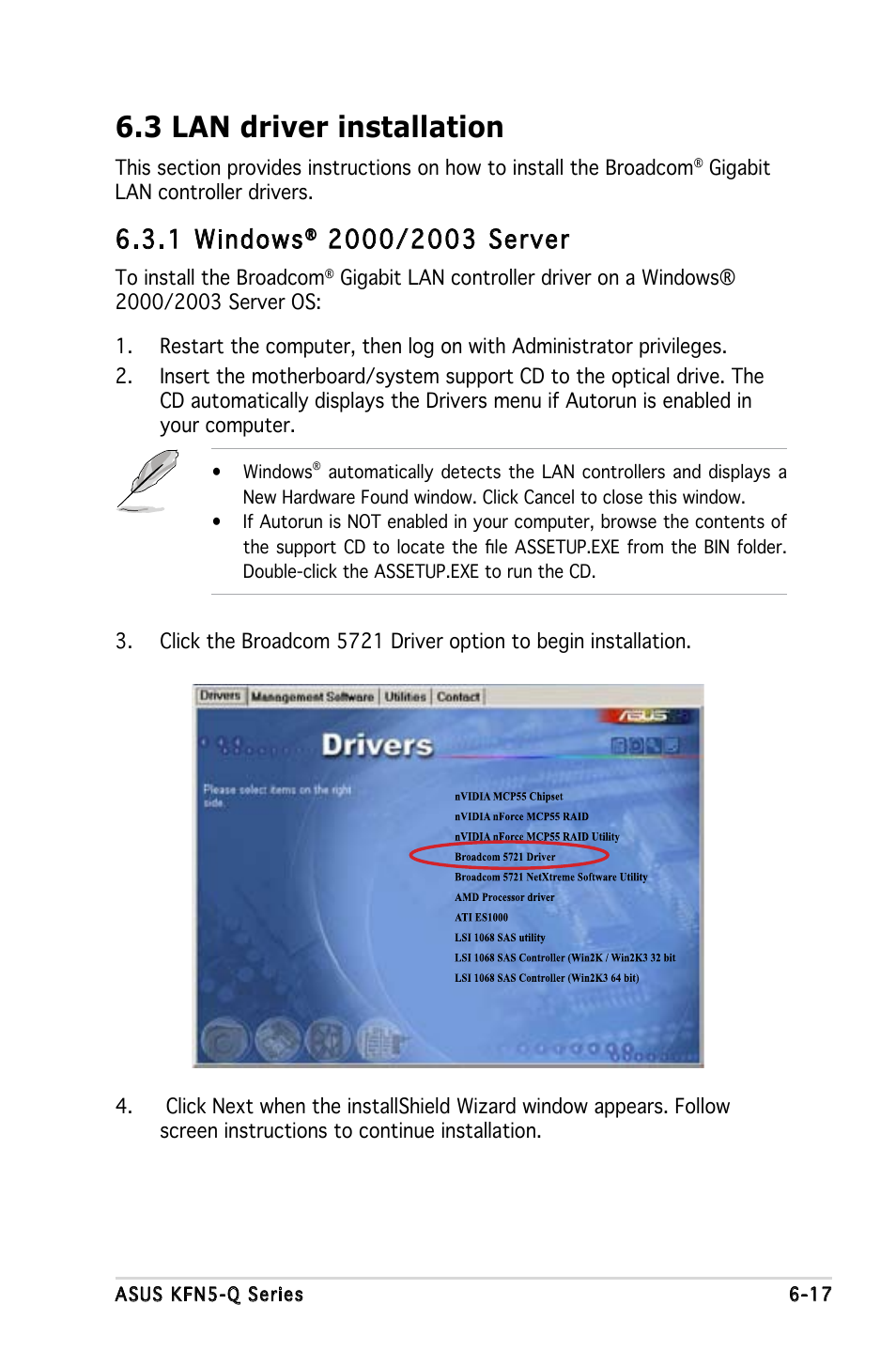 3 lan driver installation, 1 windows | Asus KFN5-Q/SAS User Manual | Page 160 / 175