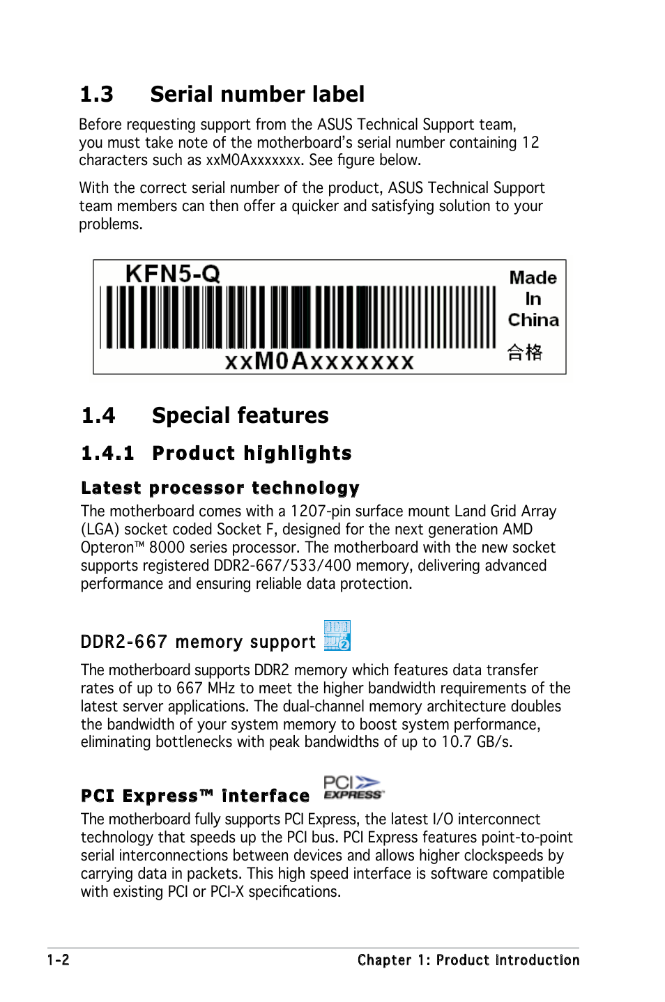 4 special features, 3 serial number label | Asus KFN5-Q/SAS User Manual | Page 17 / 175