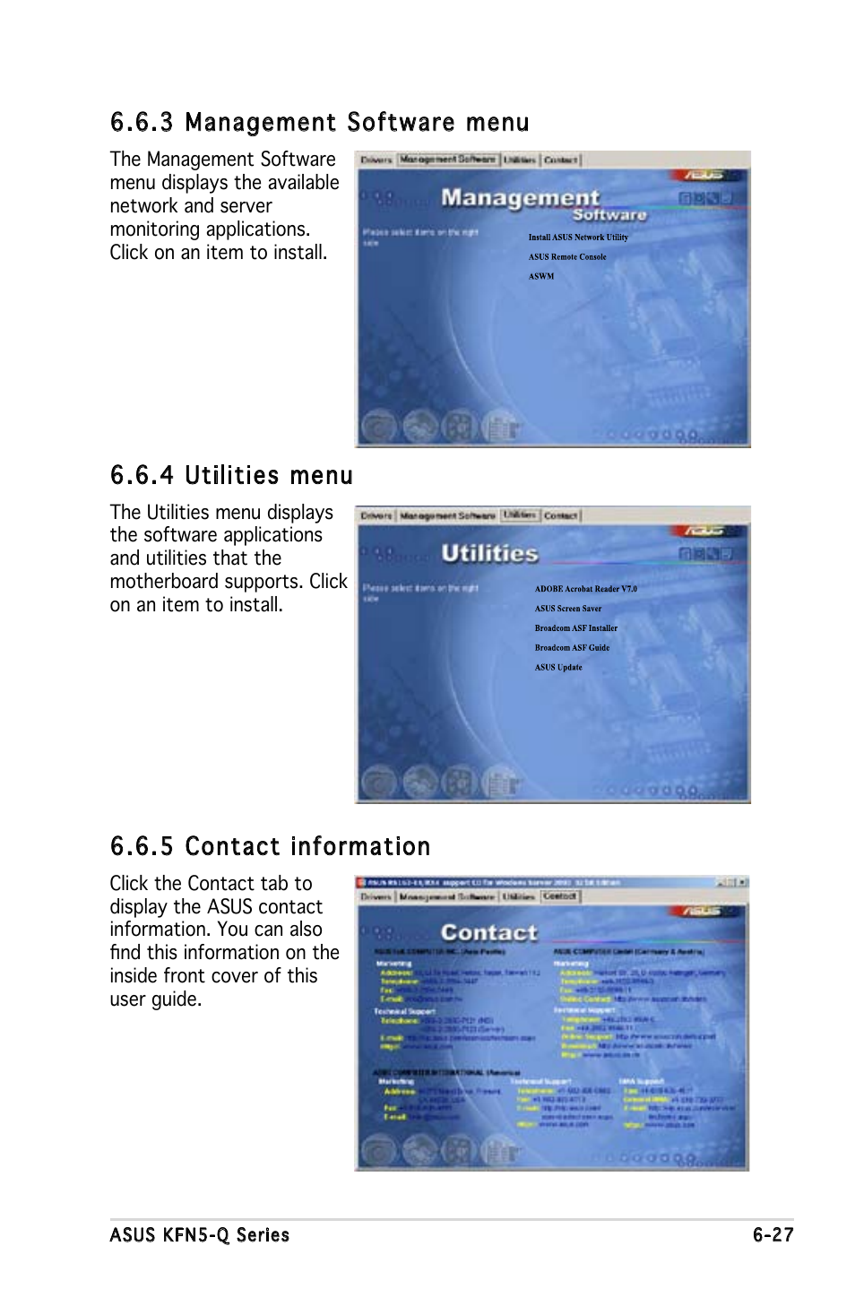 3 management software menu, 4 utilities menu, 5 contact information | Asus KFN5-Q/SAS User Manual | Page 170 / 175