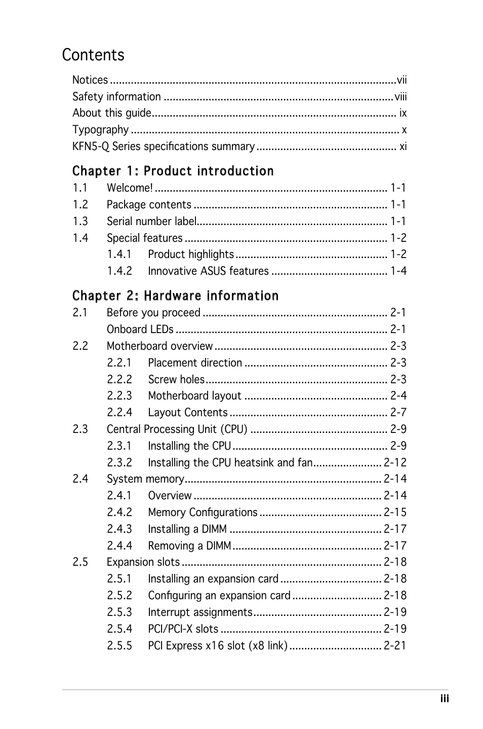 Asus KFN5-Q/SAS User Manual | Page 3 / 175