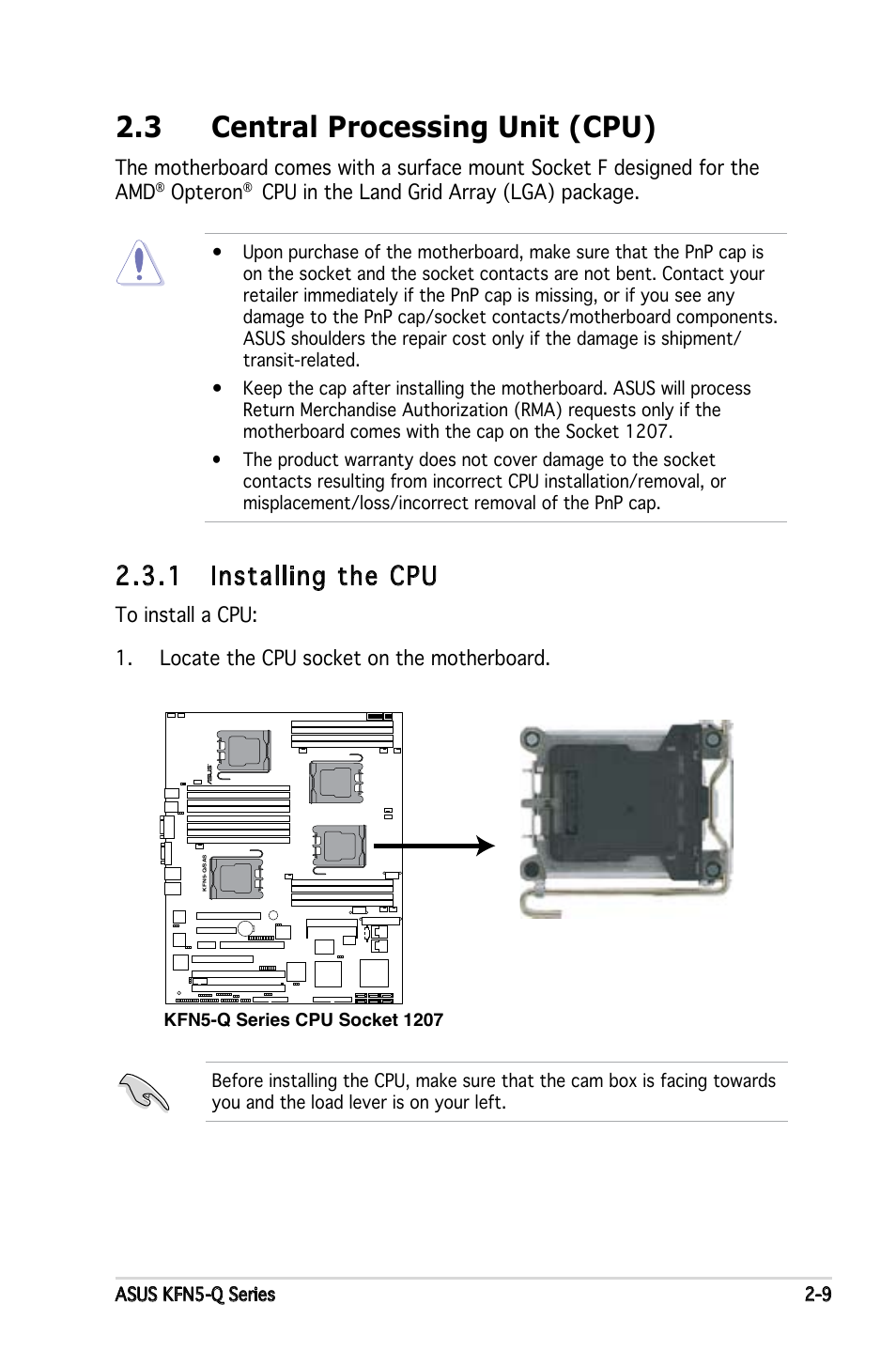 3 central processing unit (cpu), 1 installing the cpu | Asus KFN5-Q/SAS User Manual | Page 30 / 175