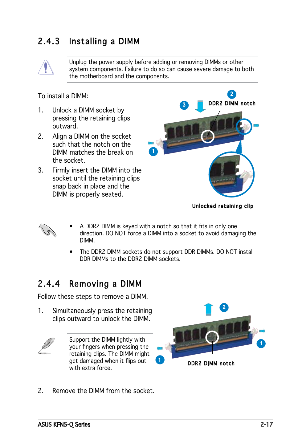 3 installing a dimm, 4 removing a dimm | Asus KFN5-Q/SAS User Manual | Page 38 / 175