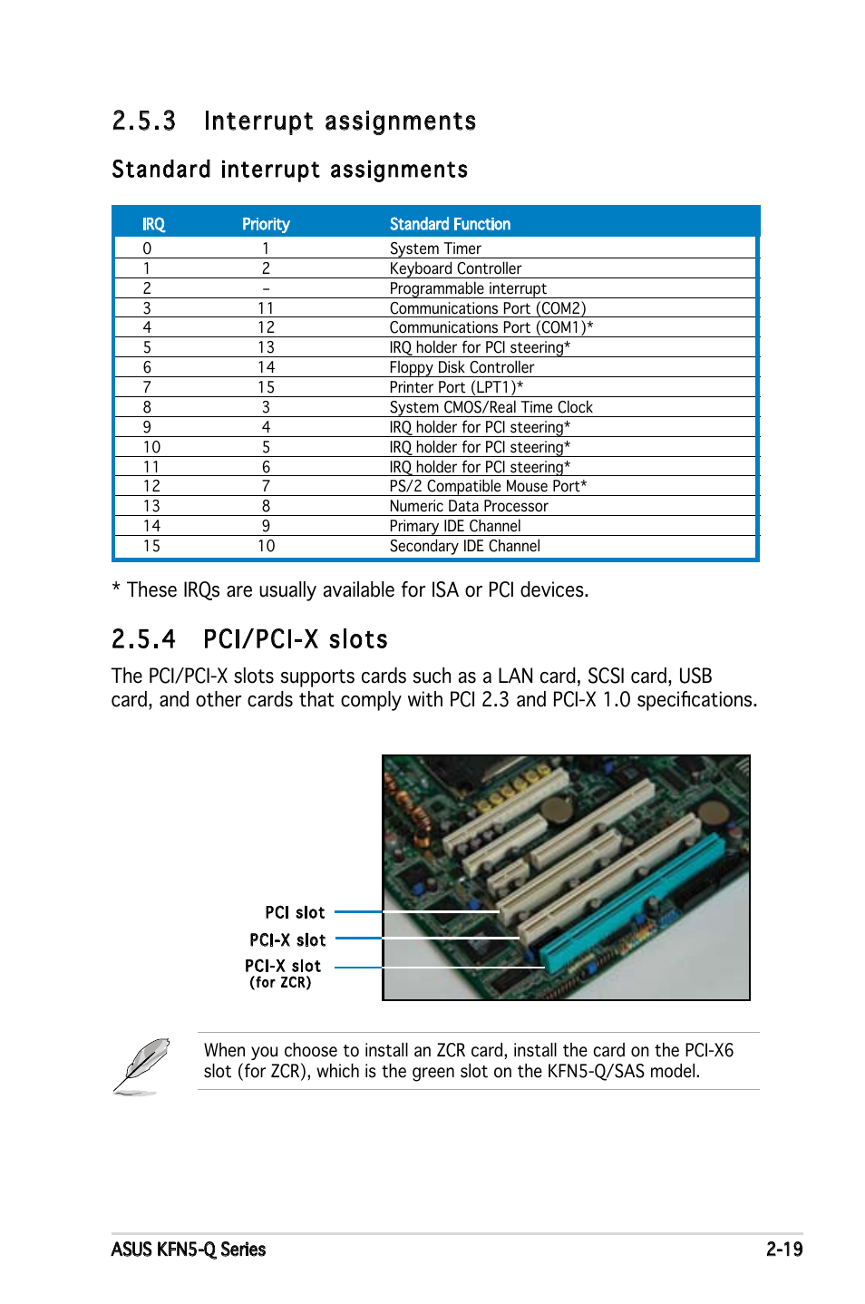 3 interrupt assignments, 4 pci/pci-x slots, Standard interrupt assignments | Asus KFN5-Q/SAS User Manual | Page 40 / 175