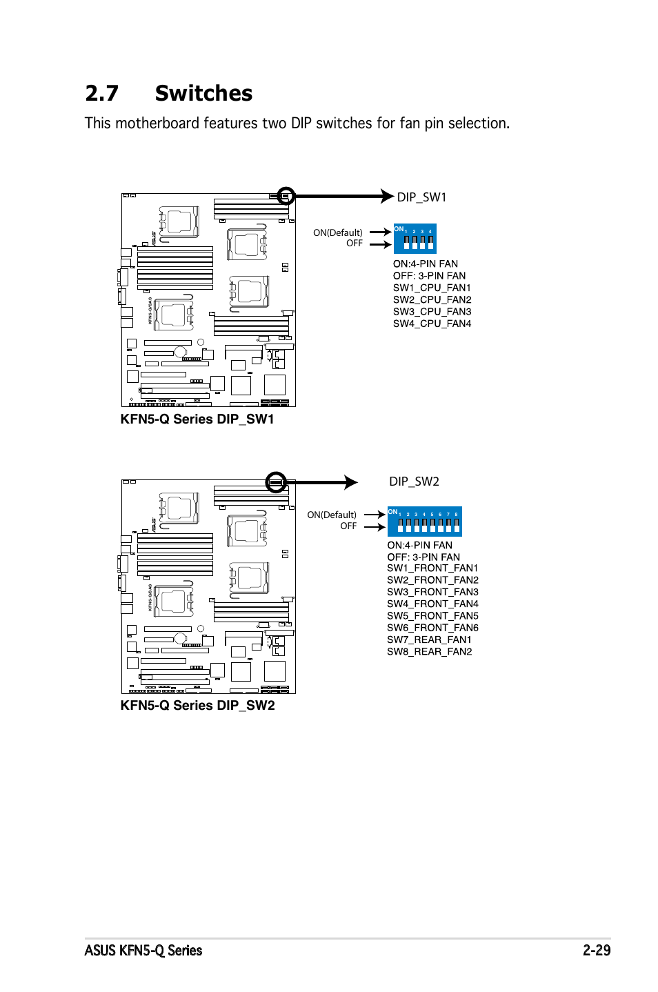 7 switches, Asus kfn5-q series 2-29, Kfn5-q series dip_sw1 dip_sw1 | Kfn5-q series dip_sw2 dip_sw2 | Asus KFN5-Q/SAS User Manual | Page 50 / 175