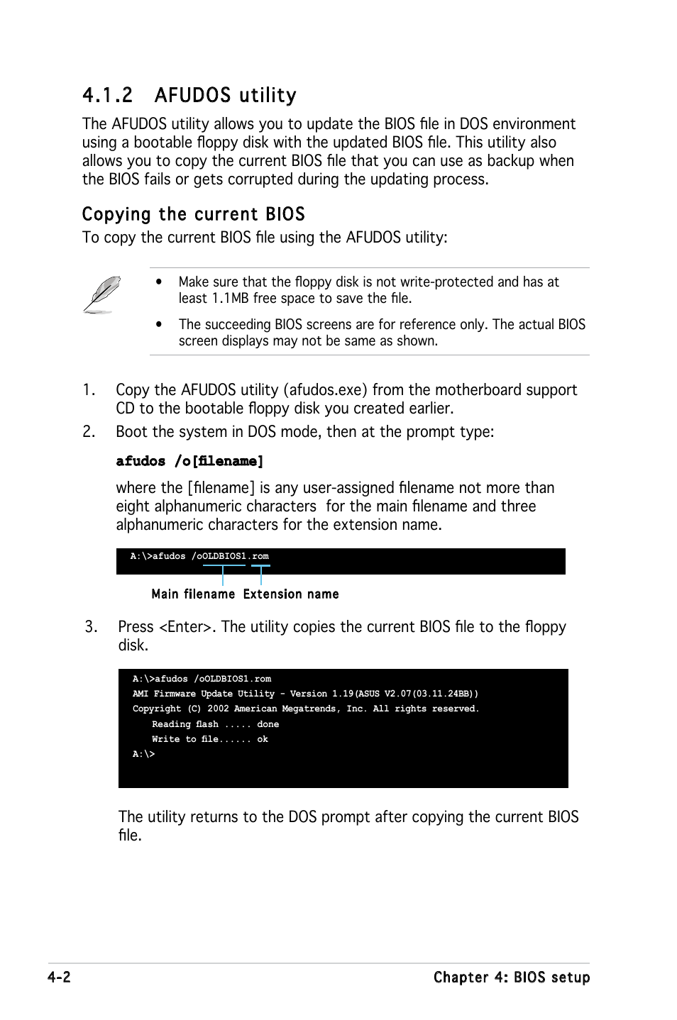 2 afudos utility, Copying the current bios | Asus KFN5-Q/SAS User Manual | Page 72 / 175