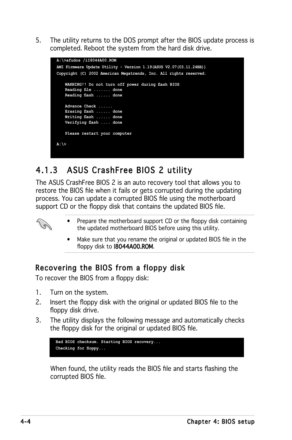 3 asus crashfree bios 2 utility, Recovering the bios from a floppy disk | Asus KFN5-Q/SAS User Manual | Page 74 / 175