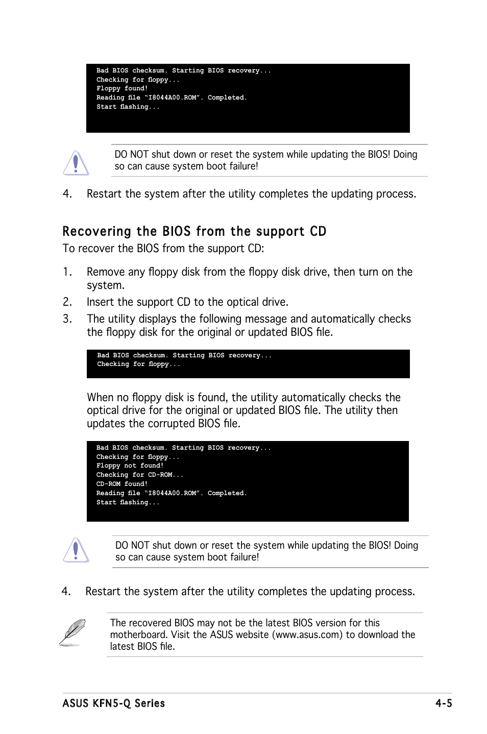 Recovering the bios from the support cd | Asus KFN5-Q/SAS User Manual | Page 75 / 175