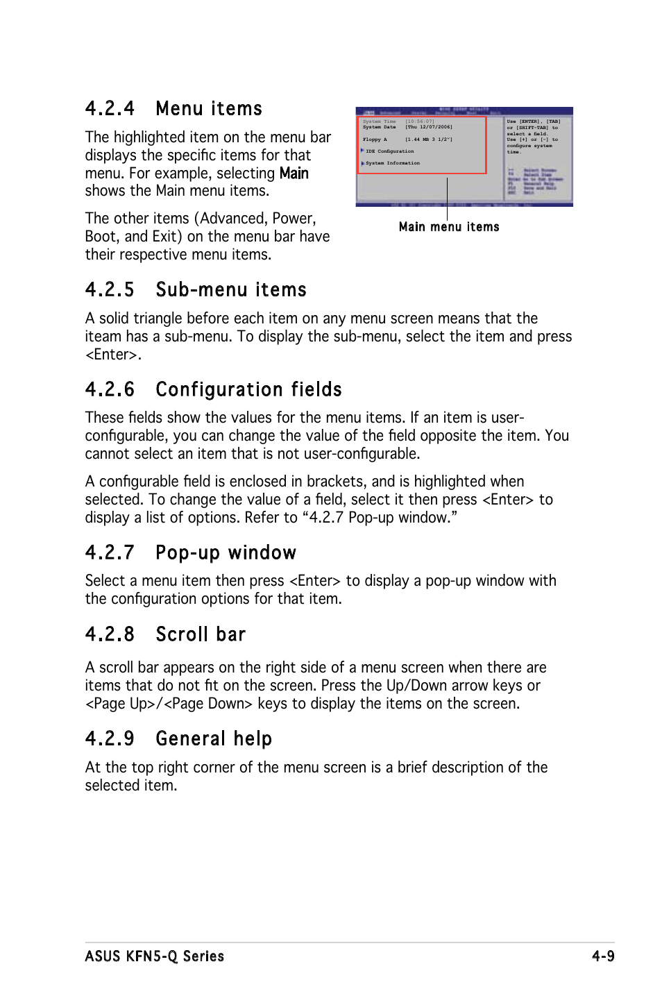 4 menu items, 5 sub-menu items, 6 configuration fields | 7 pop-up window, 8 scroll bar, 9 general help | Asus KFN5-Q/SAS User Manual | Page 79 / 175