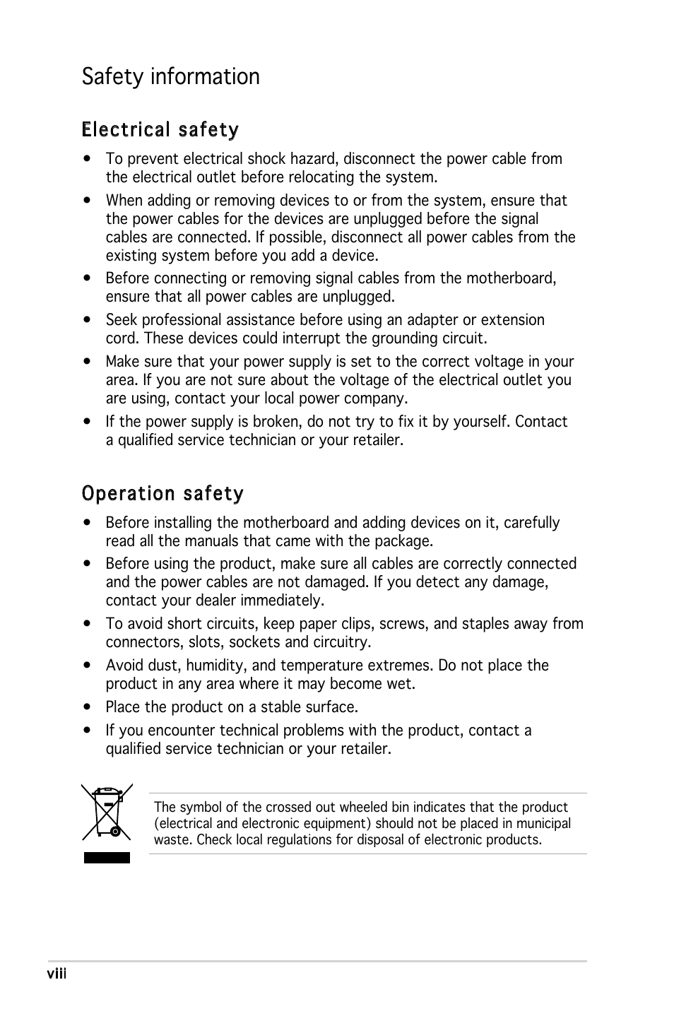 Safety information, Electrical safety, Operation safety | Asus KFN5-Q/SAS User Manual | Page 8 / 175