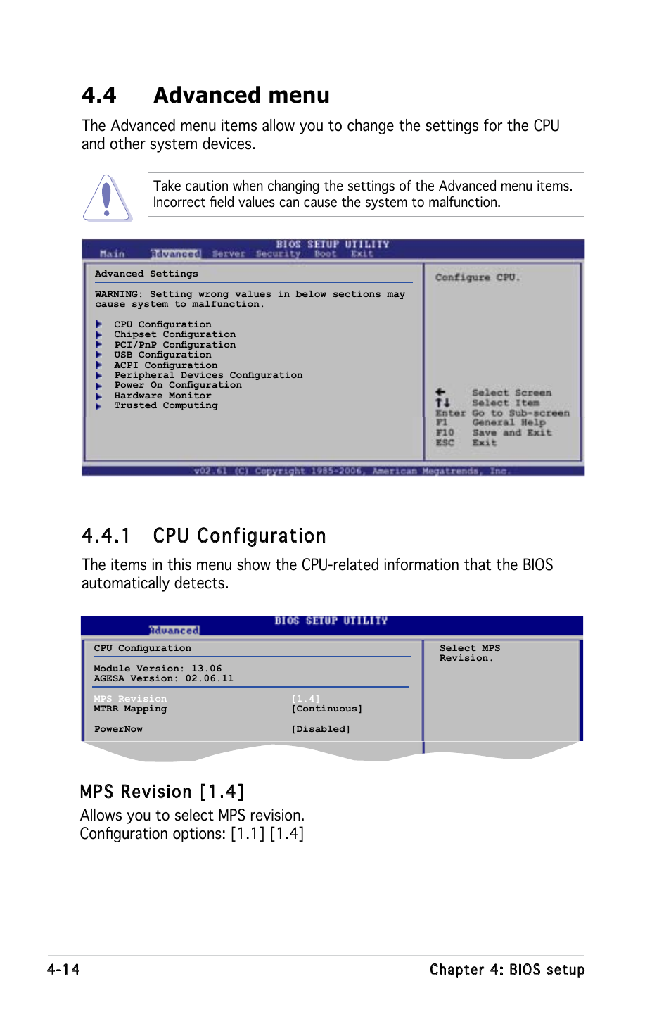 4 advanced menu, 1 cpu configuration, Mps revision [1.4 | Asus KFN5-Q/SAS User Manual | Page 84 / 175