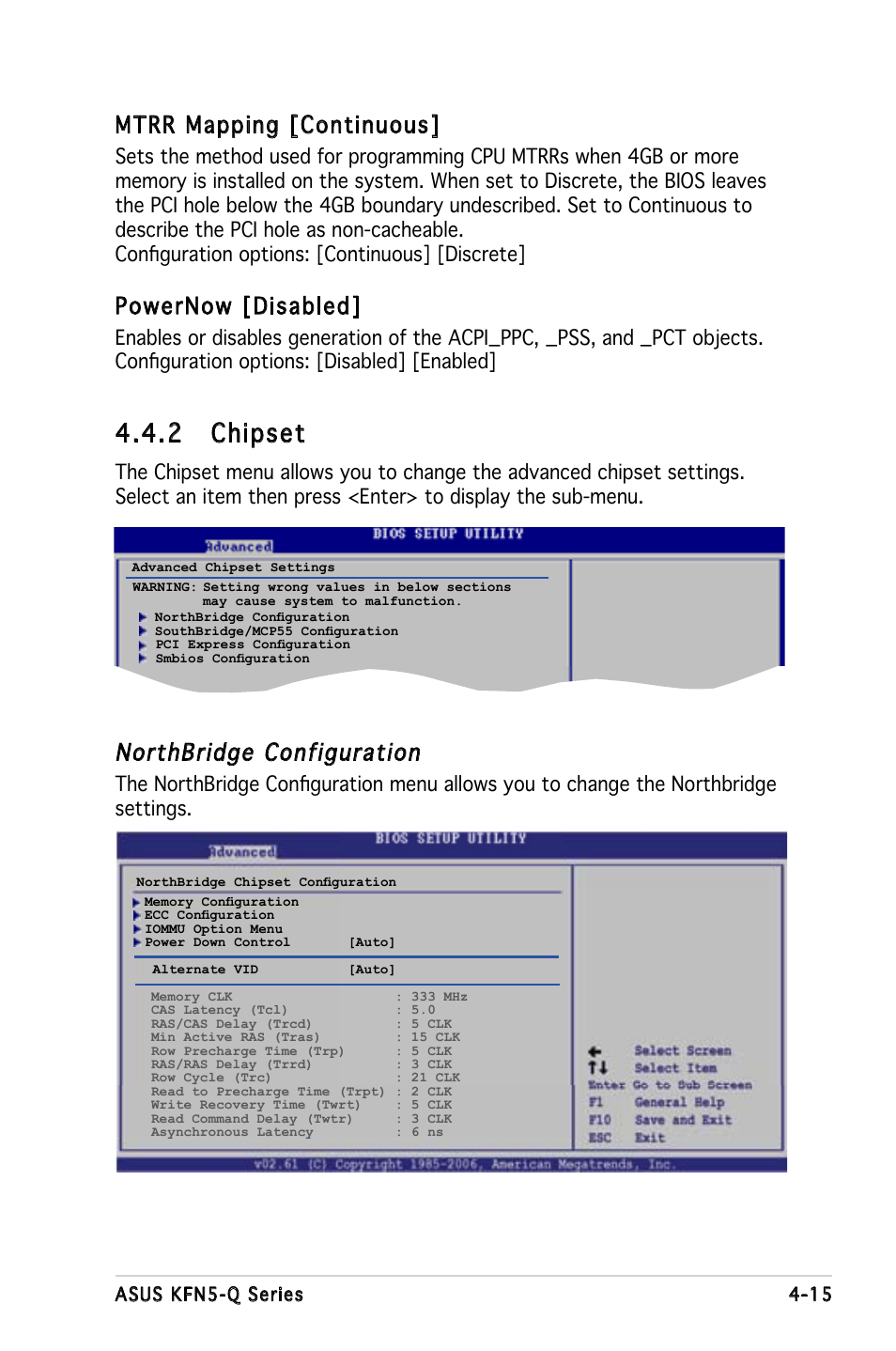 2 chipset, Northbridge configuration, Mtrr mapping [continuous | Powernow [disabled | Asus KFN5-Q/SAS User Manual | Page 85 / 175