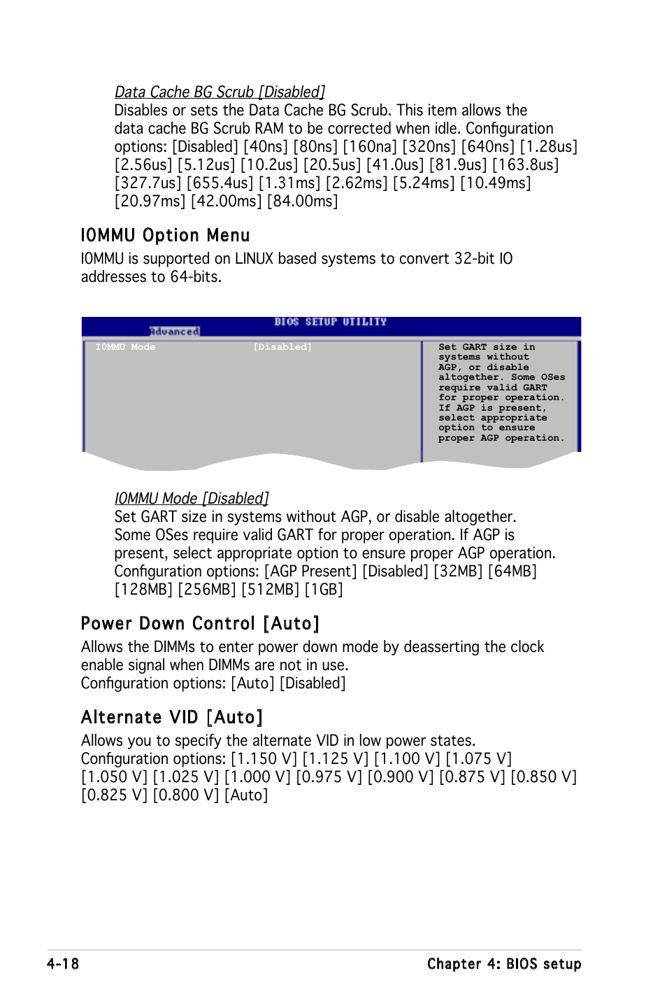 I0mmu option menu, Power down control [auto, Alternate vid [auto | Asus KFN5-Q/SAS User Manual | Page 88 / 175