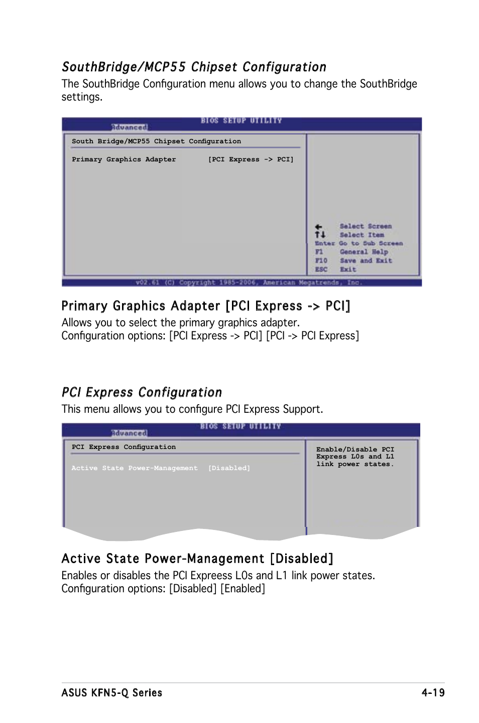 Pci express configuration, Active state power-management [disabled, Southbridge/mcp55 chipset configuration | Primary graphics adapter [pci express -> pci | Asus KFN5-Q/SAS User Manual | Page 89 / 175