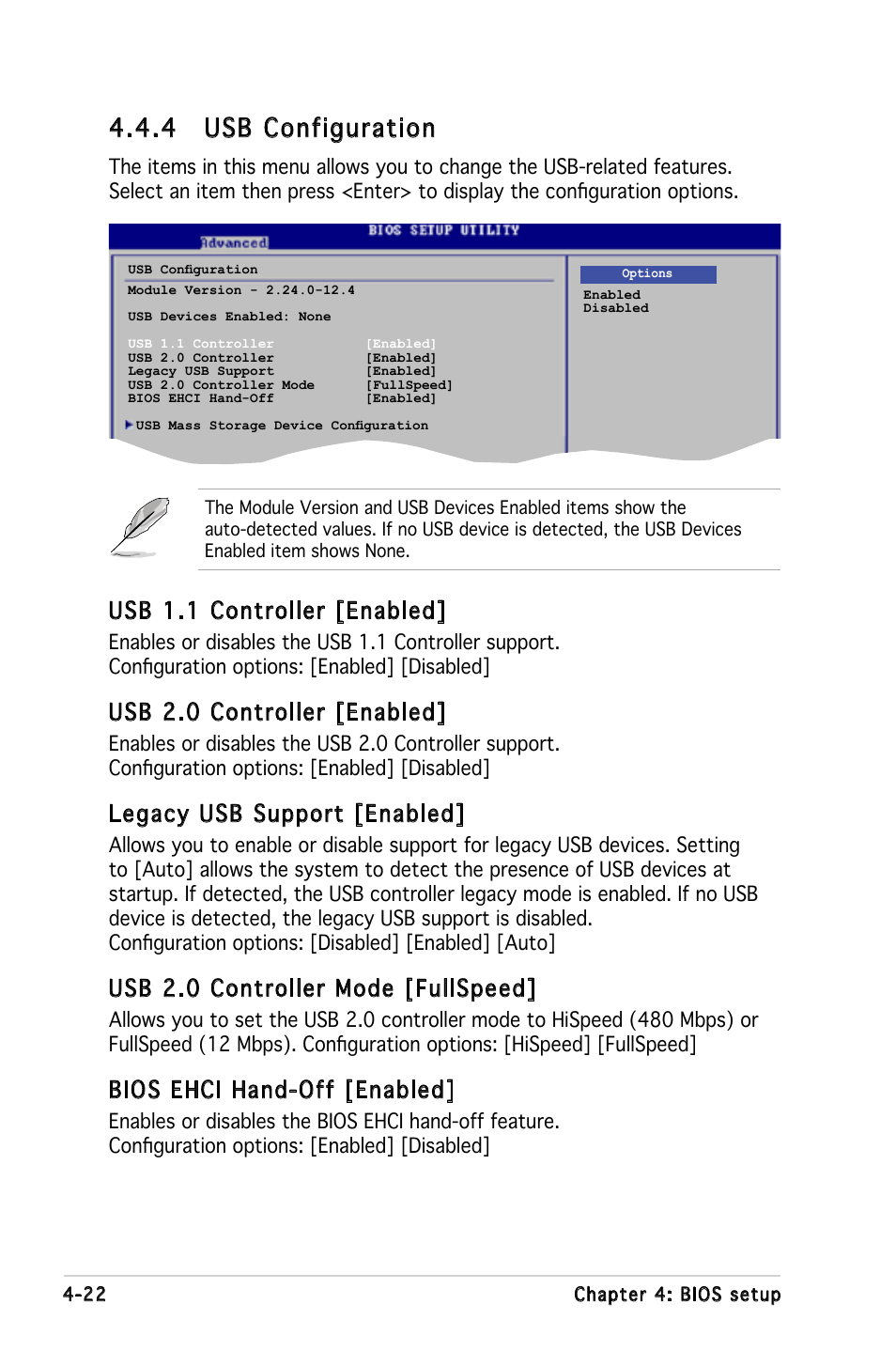 4 usb configuration, Usb 1.1 controller [enabled, Usb 2.0 controller [enabled | Legacy usb support [enabled, Usb 2.0 controller mode [fullspeed, Bios ehci hand-off [enabled | Asus KFN5-Q/SAS User Manual | Page 92 / 175