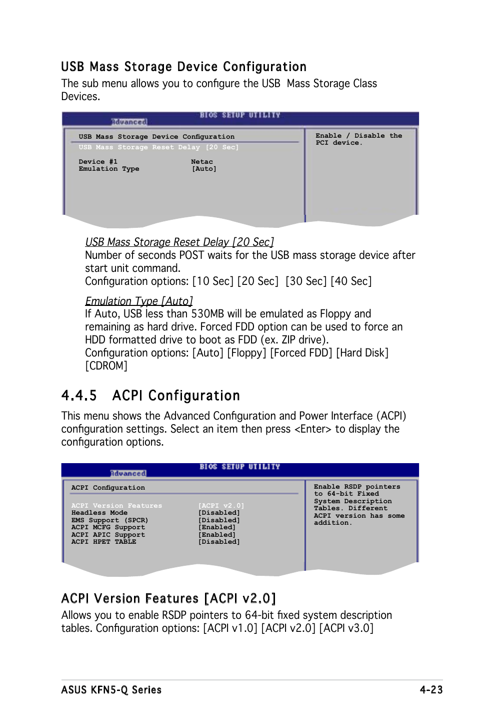 5 acpi configuration, Acpi version features [acpi v2.0, Usb mass storage device configuration | Asus KFN5-Q/SAS User Manual | Page 93 / 175