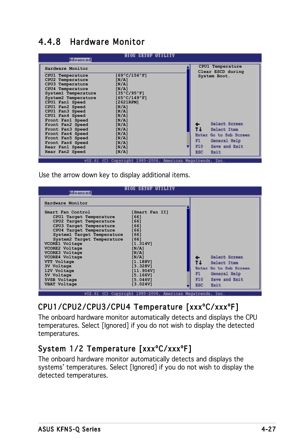 8 hardware monitor, Cpu1/cpu2/cpu3/cpu4 temperature [xxxºc/xxxºf, System 1/2 temperature [xxxºc/xxxºf | Asus kfn5-q series 4-27 | Asus KFN5-Q/SAS User Manual | Page 97 / 175