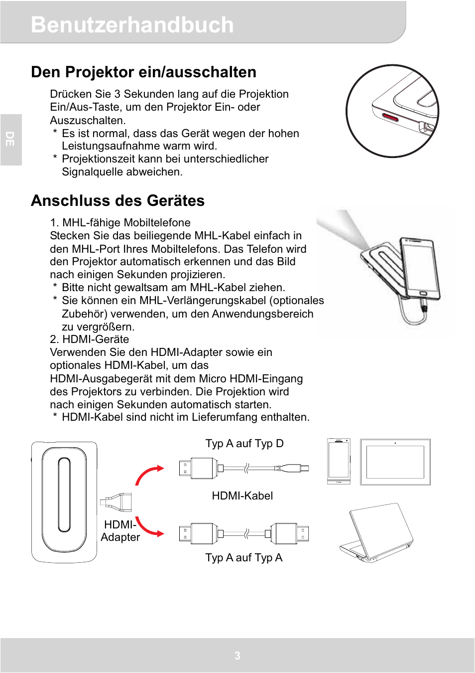 Benutzerhandbuch, Den projektor ein/ausschalten, Anschluss des gerätes | AIPTEK GoProjector Manual User Manual | Page 16 / 79