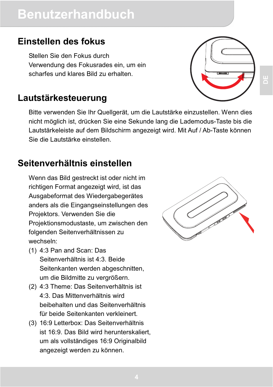 Benutzerhandbuch, Einstellen des fokus, Lautstärkesteuerung | Seitenverhältnis einstellen | AIPTEK GoProjector Manual User Manual | Page 17 / 79