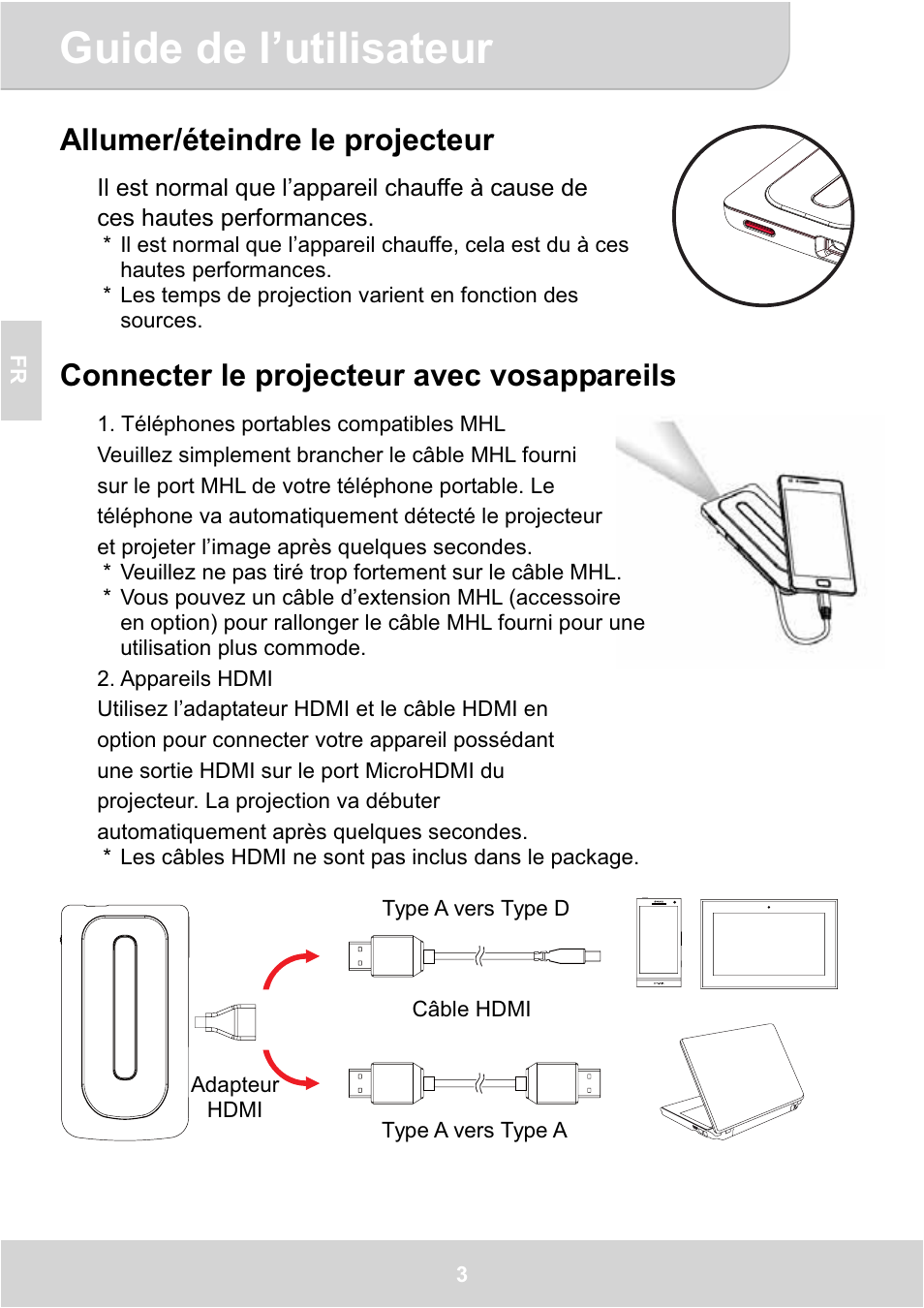 Guide de l’utilisateur, Allumer/éteindre le projecteur, Connecter le projecteur avec vosappareils | AIPTEK GoProjector Manual User Manual | Page 24 / 79