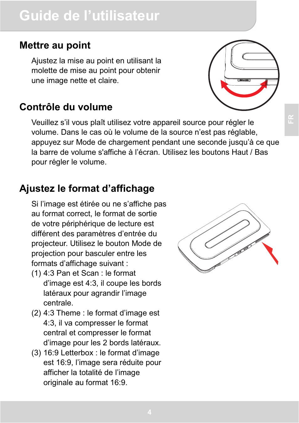 Guide de l’utilisateur, Mettre au point, Contrôle du volume | Ajustez le format d’affichage | AIPTEK GoProjector Manual User Manual | Page 25 / 79