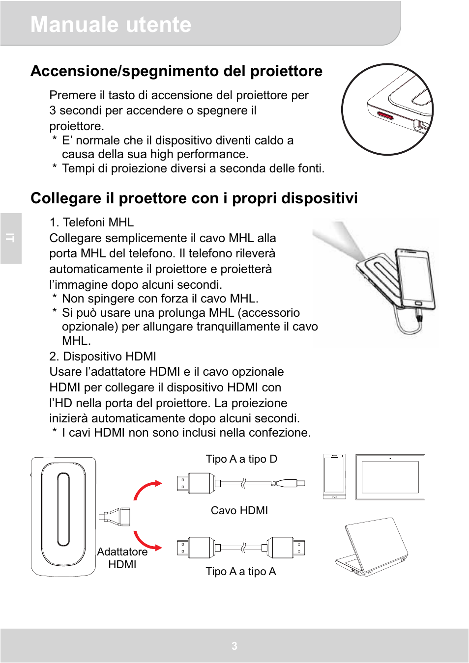 Manuale utente, Accensione/spegnimento del proiettore, Collegare il proettore con i propri dispositivi | AIPTEK GoProjector Manual User Manual | Page 32 / 79