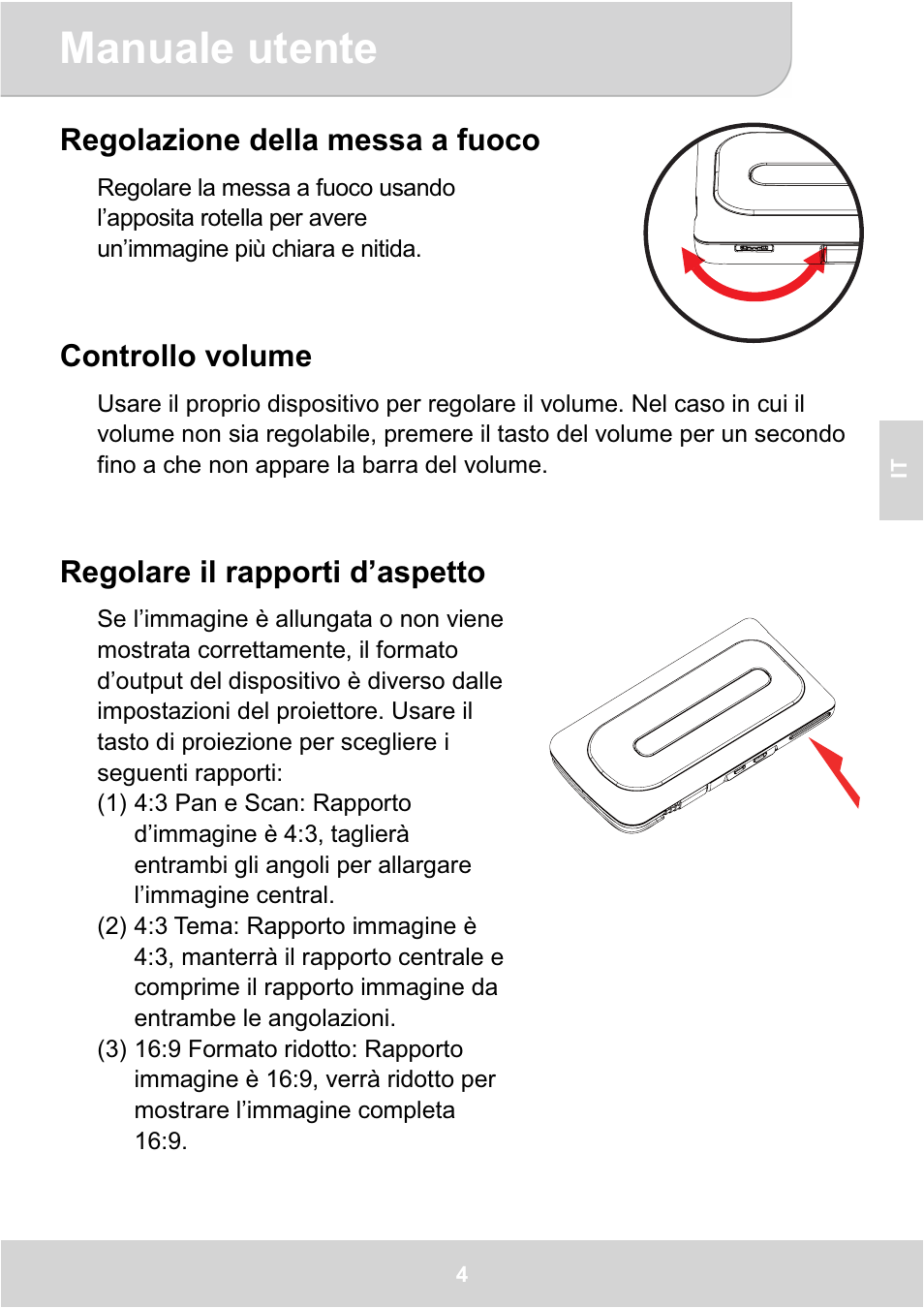 Manuale utente, Regolazione della messa a fuoco, Controllo volume | Regolare il rapporti d’aspetto | AIPTEK GoProjector Manual User Manual | Page 33 / 79
