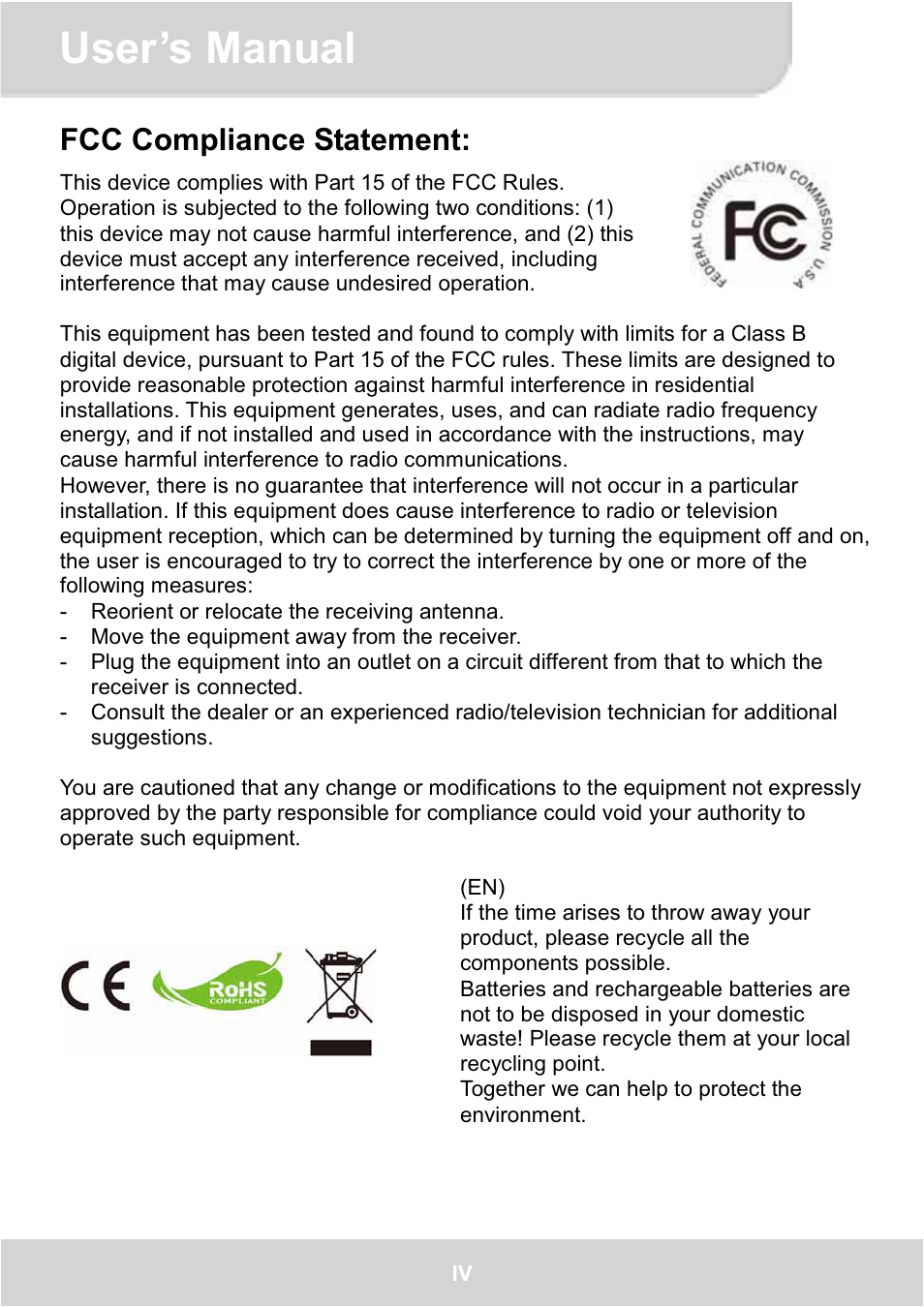 User’s manual, Fcc compliance statement | AIPTEK GoProjector Manual User Manual | Page 4 / 79