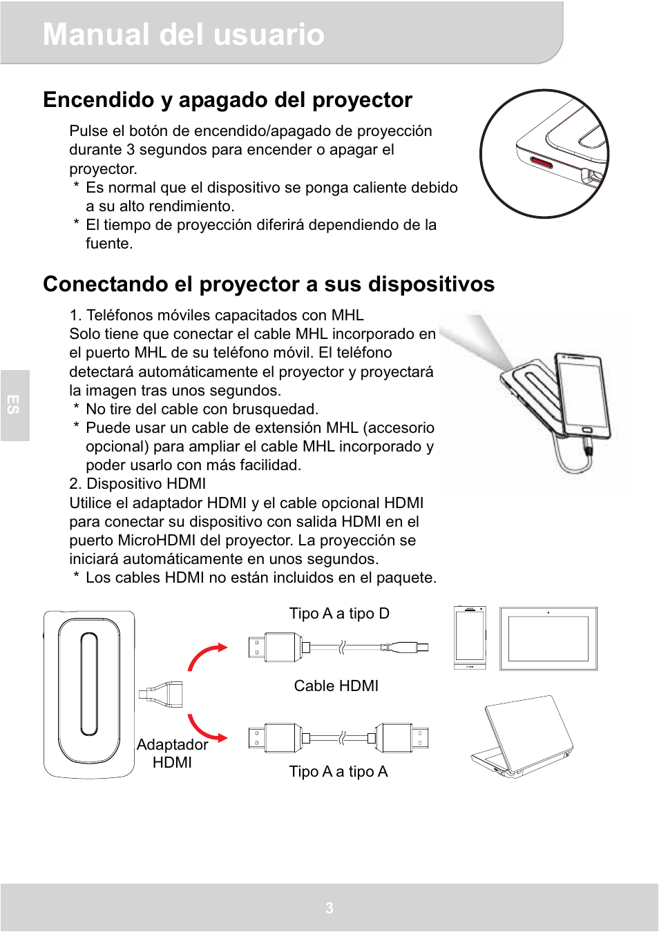 Manual del usuario, Encendido y apagado del proyector, Conectando el proyector a sus dispositivos | AIPTEK GoProjector Manual User Manual | Page 40 / 79